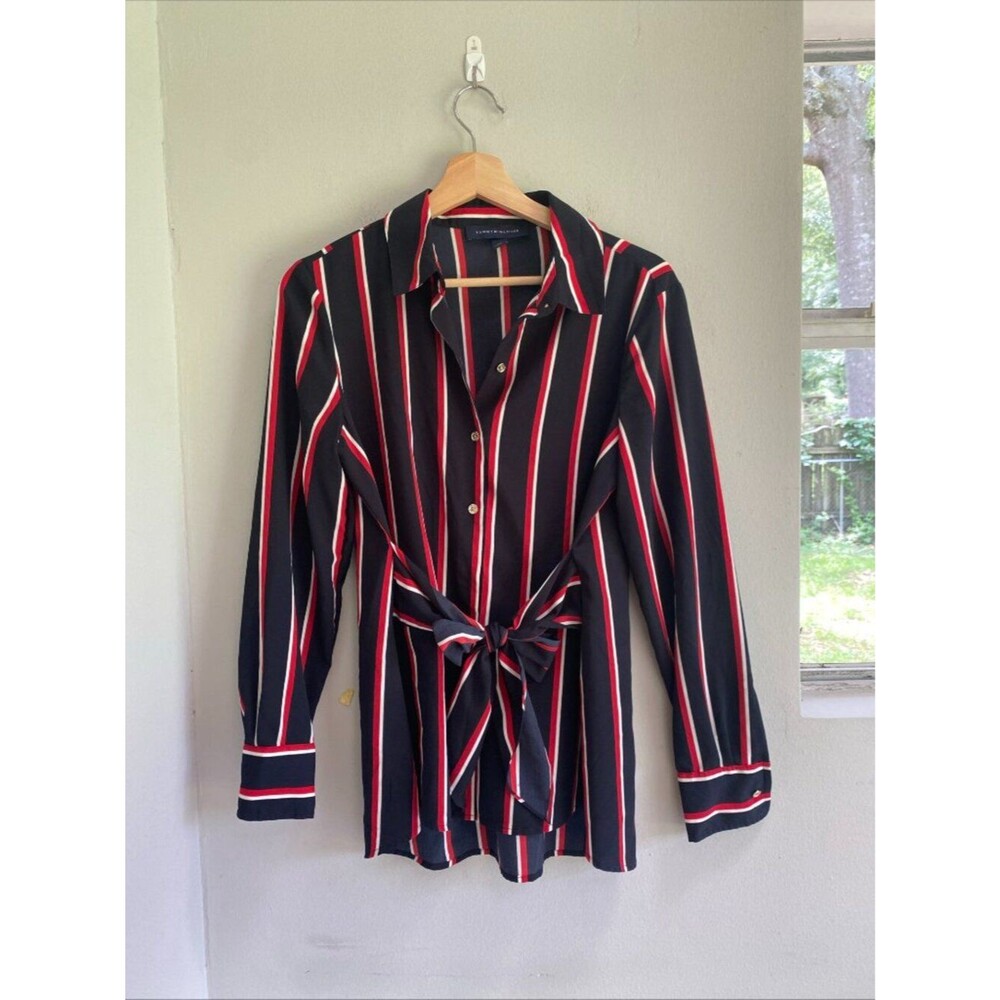 Tommy Hilfiger Navy Red White Striped Button-Up Shirt With Front-Tie Small